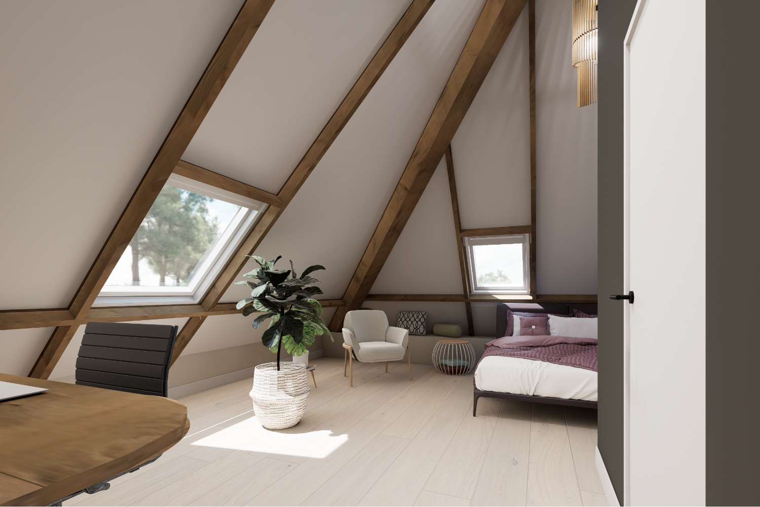 Artist Impression slaapkamer onder schuin dak via ScherpVision.nl