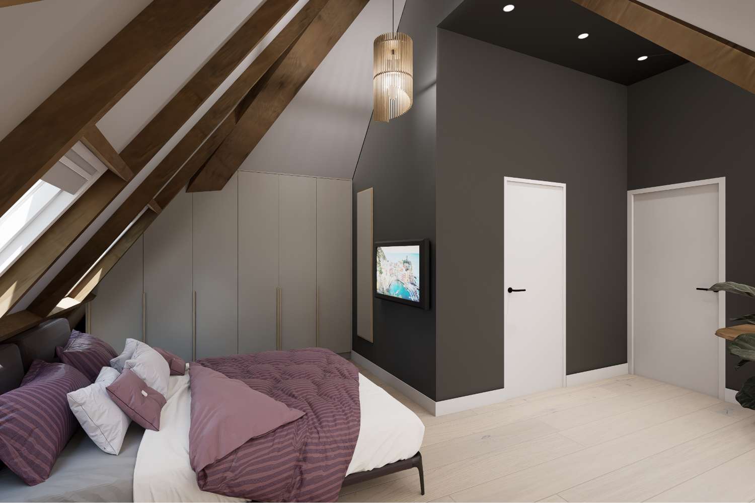 Artist Impression slaapkamer onder schuin dak via ScherpVision.nl
