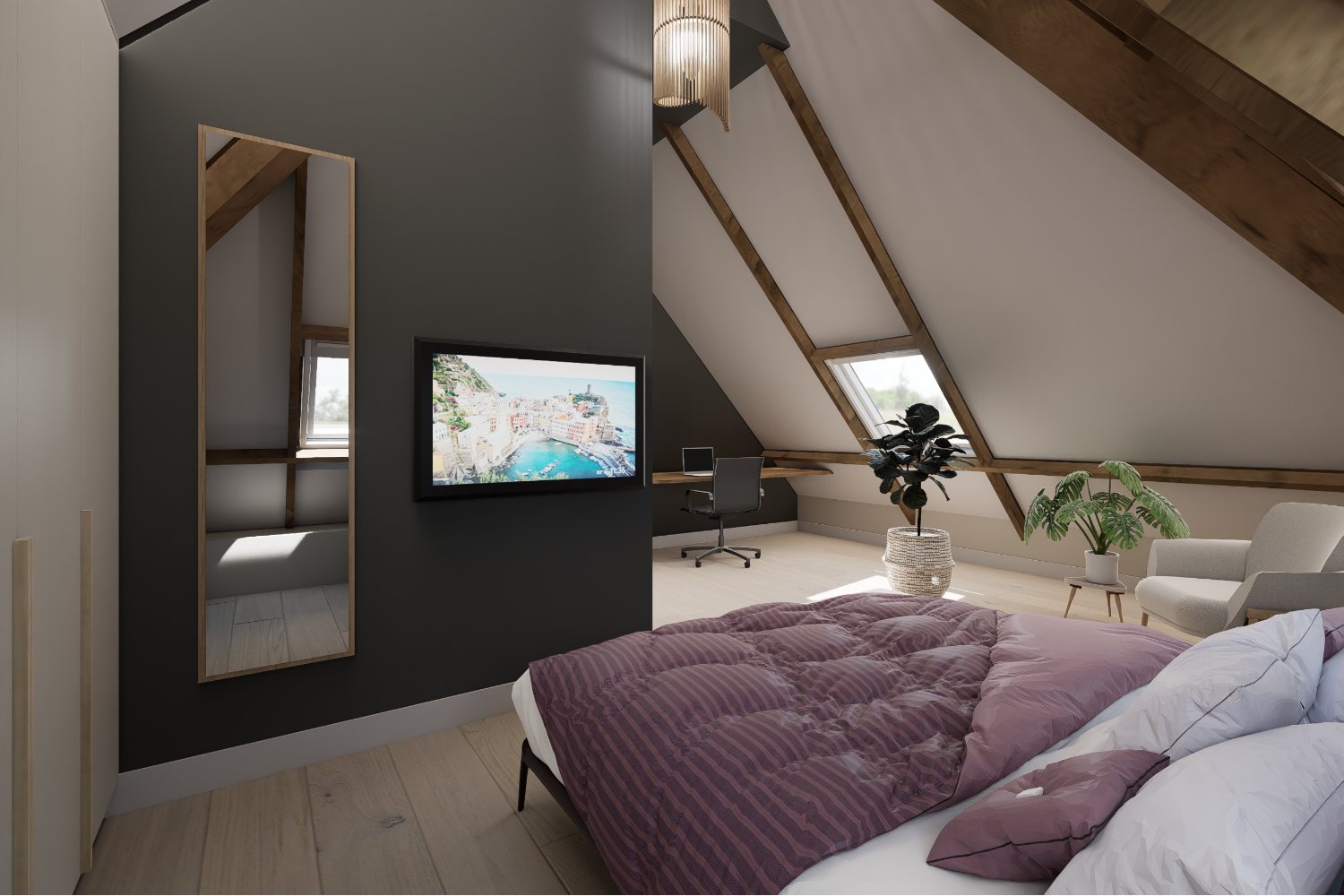 Artist Impression slaapkamer onder schuin dak via ScherpVision.nl
