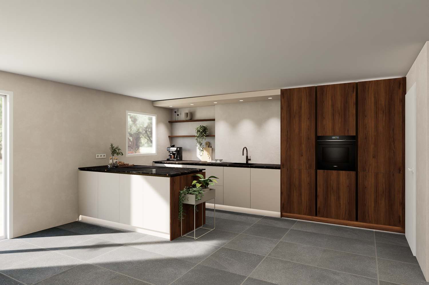 Keuken Kasjmiergrijs en warm noten, 3D visualisatie via ScherpVision.nl